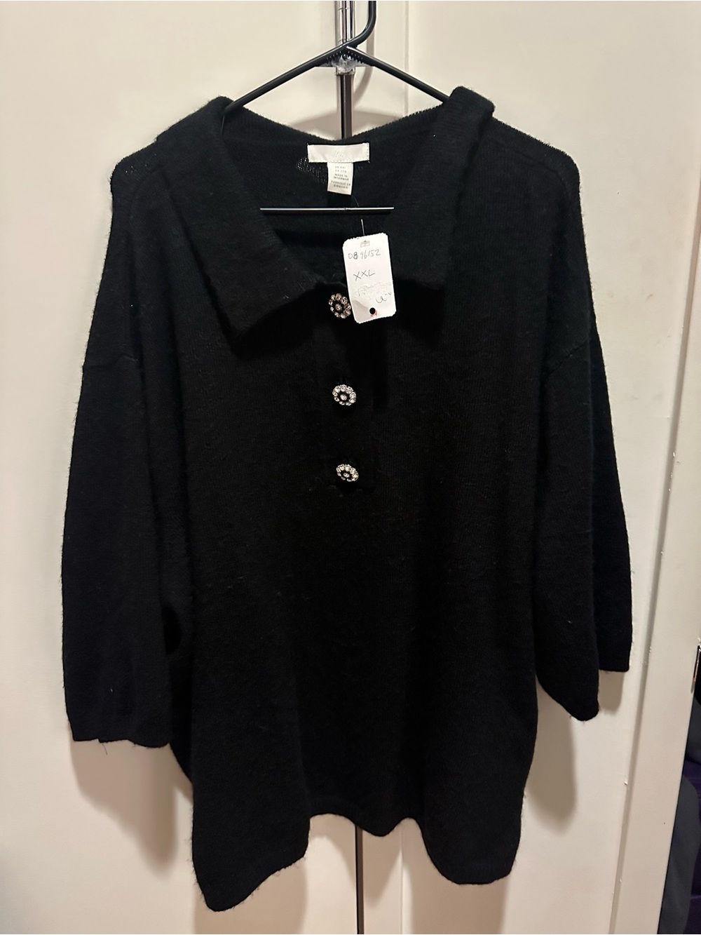 🆕 Black Knit Polo Sweater with Jeweled Buttons